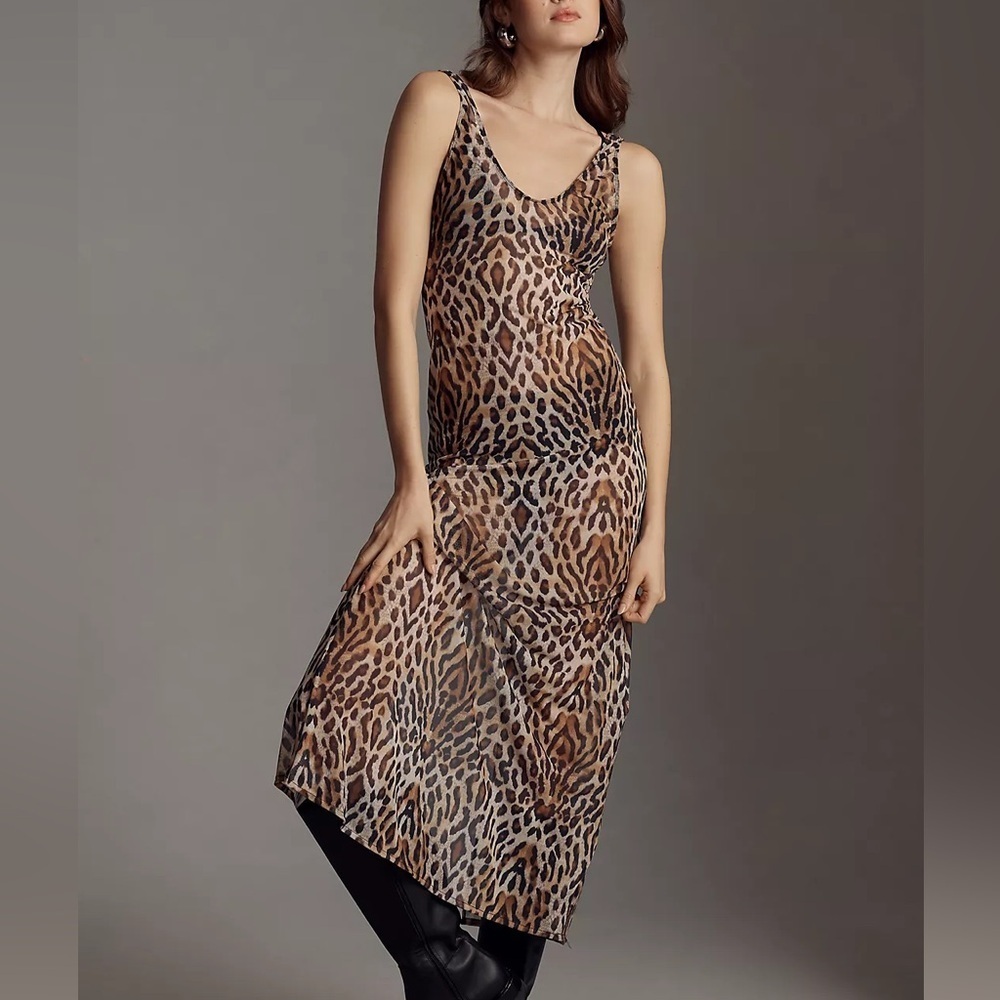 Mucci Anthropologie Claudette Leopard Sheer Mesh Slip Dress Size Medium